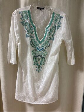 Embroidered White Tunic with Teal & Aqua Beading